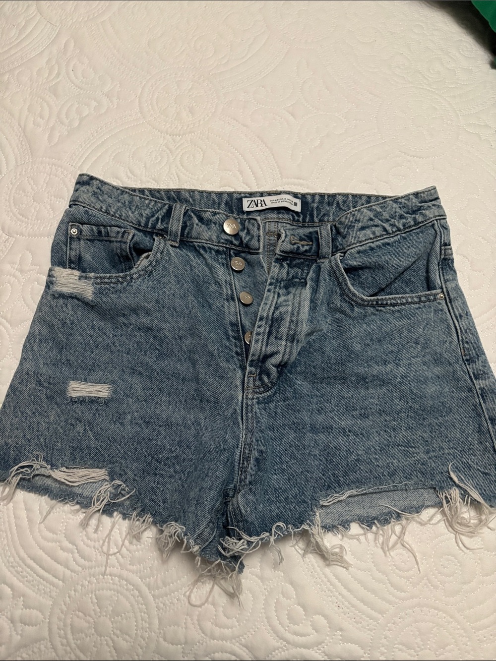 Zara Light Blue Distressed Denim High-Waist Shorts
